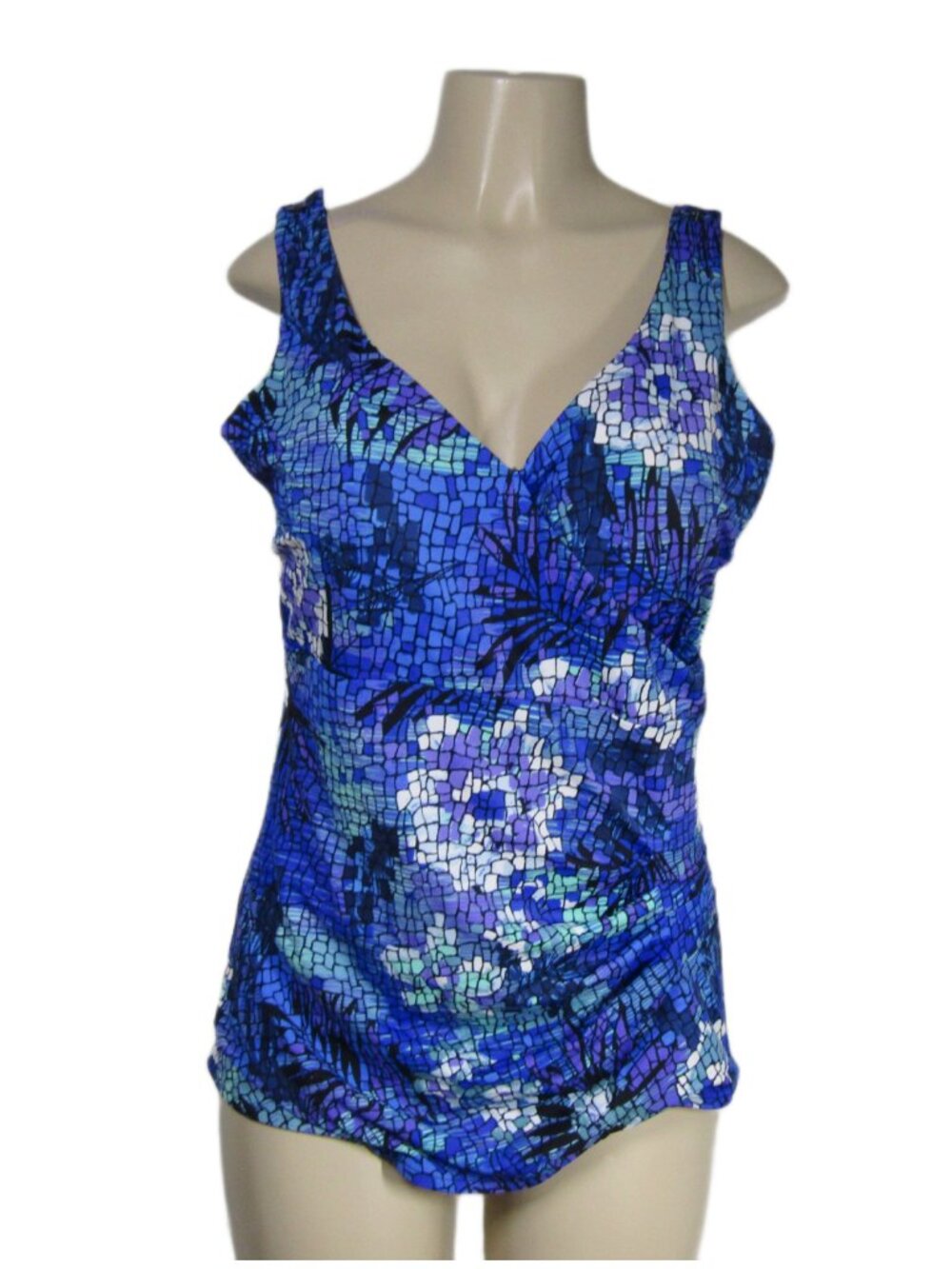 LE COVE Purple Mosaic Ruched Abstract One Piece Padded Swimsuit Boy Cut 20W